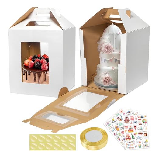 Huucozn 2 PCS Cajas para Tartas Altas 31.5 x 25.5 cm, Cajas de Cartón para Tartas con Ventana Transparente, Caja de Transporte para Tarta con Base, Cintas y Pegatinas para Cumpleaños Fiesas y Eventos