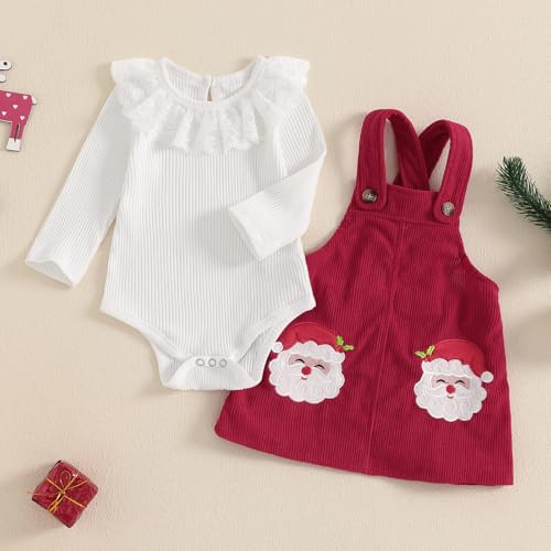 My First Christmas Baby Girl Outfit Rib Knit Lace Romper Santa Corduroy Suspenders Dress Infant Fall Winter Clothes2