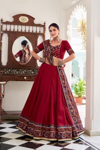 Women’s Maroon Dolla Silk Lehenga Choli with Printed Dupatta, Navratri Chaniya Choli for Women, Garba Dress, W