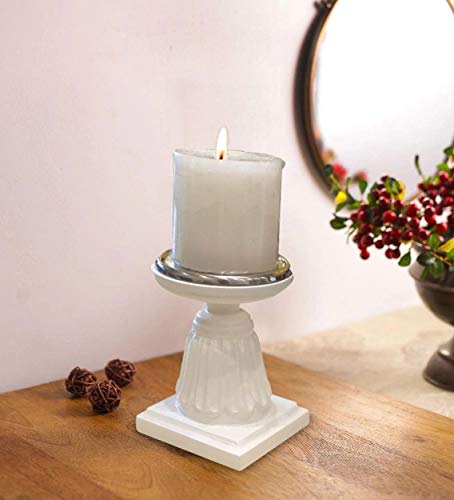 The RAAVYA Handmade Wooden White Candle Stand with Candle | Candle Holder for Diwali, Home Decoration, Dining, Bedroom Idea [8x3.5 inches]