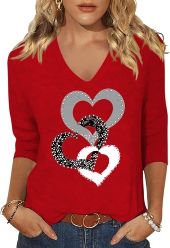 Image of Woffccrd Womens 3 /4 Sleeve V Neck T-Shirts Valentina's Day Spring Shirts Love Heart Printed Graphic Tees