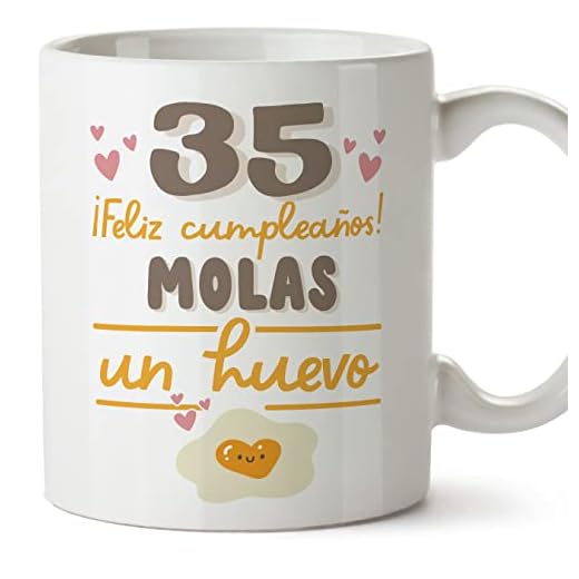 MUGFFINS Tazas 35 Cumpleaños - En Español - Feliz Cumpleaños Molas un Huevo - 11 oz / 330 ml - Regalo original y divertido