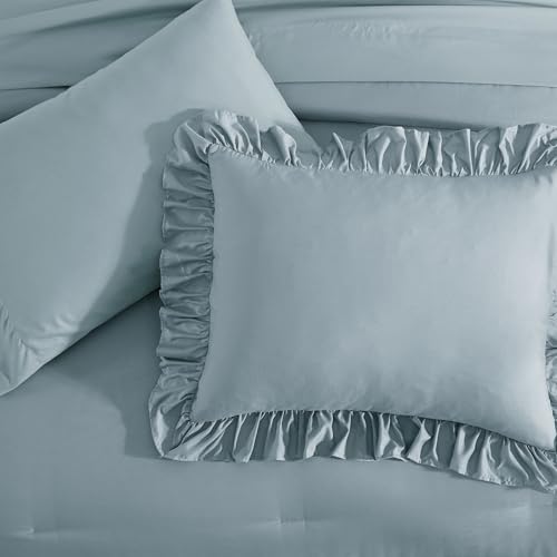 Image of Queen Comforter Set Dusty Blue Ruffle 7 Pieces Farmhouse Bed in a Bag | Shabby Chic Fluffy All Season Bedding Sets with Sheets, Pillowcases & Shams