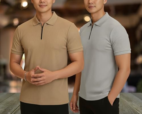 Image of MACK JONNEY Men's Cotton Self Design Polo T-Shirts | Front Half Zipper | Pack of 2 | Multicolour