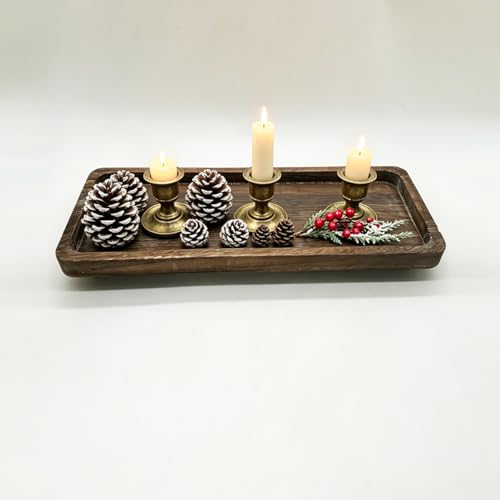 Rebecca online Rustic Wooden Candle Holder Tray, Rectangular Farmhouse Style, Vintage Decorative Tealight Pillar Candle Base for Home Decor, Christmas Table Centerpiece (Brown-1pcs)