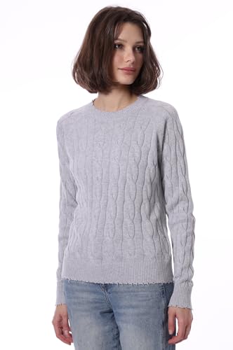 Image of Minnie Rose Women's Crewneck Cable Cotton Frayed Sweater