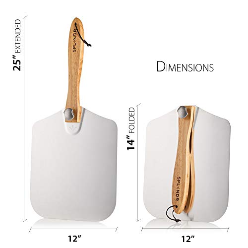 SPLENDR Aluminum Metal Pizza Peel with Foldable Wood Handle 12 Inch x 14 Inch Great Gift for Homemade Pizza Lovers. Easy Storage Pizza Paddle for Baking Bread