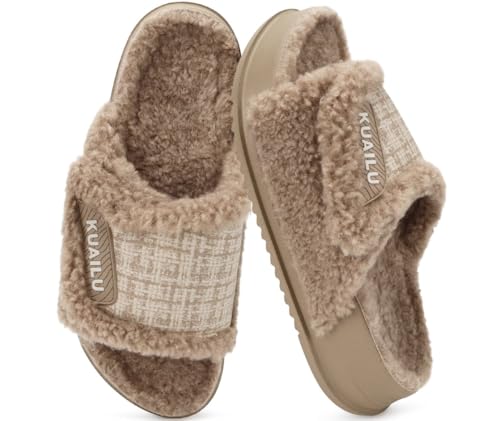 KuaiLu Cushion Slippers For Women with Orthotic Arch Support Wide Adjustable Open Toe Flatform Furry Fur Sandals Warm Teddy Fleece Recovery Slides Slip On House Shoes Indoor Outdoor