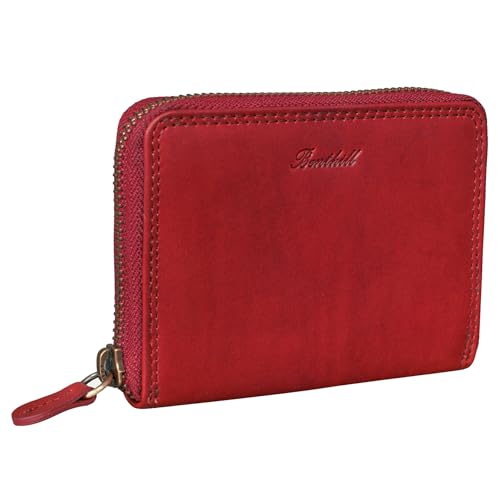 Benthill Geldbörse Damen Klein Echt Leder | Geldbeutel mit RFID Schutz | Flaches Slim Portemonnaie mit Reißverschluss & 6 Kartenfächer, Farbe:Rot
