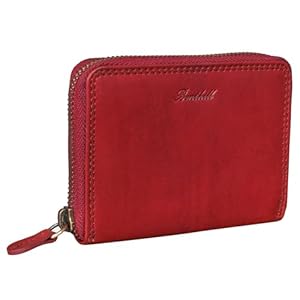 Geldbörse Damen Klein Echt Leder | Geldbeutel mit RFID Schutz | Flaches Slim Portemonnaie mit Reißverschluss & 6 Kartenfächer, Farbe:Rot