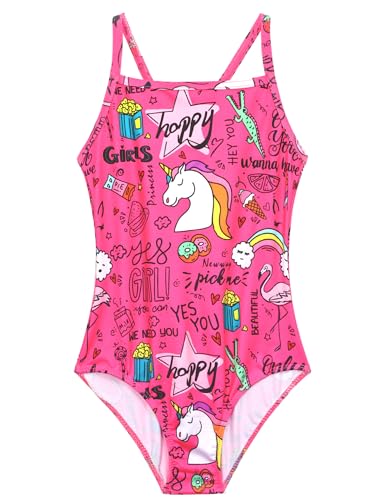 Nokecina Girls Swimsuit Size 6-7 Years Old One Piece Bathing Suit Hotpink Cartoon Swimwear for Little Kids Swimming Practice