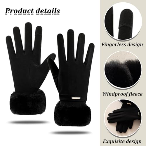 KASESSS Winterhandschuhe Damen, Thermo Handschuhe Damen Mit KunstfellbüNdchen, Handschuhe Schwarz Touchscreen Compatible Flip-Top Index Finger FüR AlltäGliche AktivitäTen Winter Gloves Geschenke