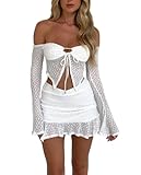 2 Piece Outfits for Women Y2K Hollow Out Skirt Set Sheer Mesh Crop Top Bodycon Mini Skirt Summer Beach Party Sets White