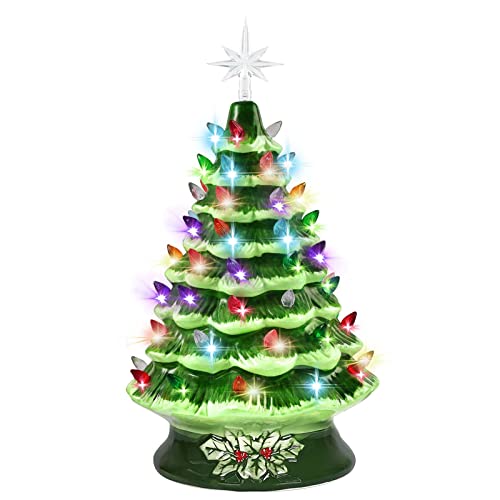 GIVERARE 15â€ Ceramic Christmas Tree, Pre-Lit Hand-Painted Tabletop Xmas Decor with 66 Multicolored Lights&Top Star, Vintage Retro Centerpiece for Holiday, Party Supplies, Decoration, Ornaments-Green
