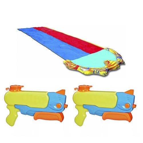 BANZAI Outdoor Challenge Party Pack – 1 Duo Rasen-Wasserrutsche 4,88m & 2 Wasserblaster kompatibel mit NERF Super Soaker Wave Spray