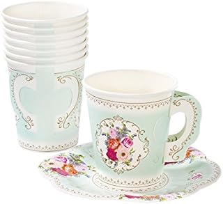 Talking Tables Pack of 12 Vintage Floral Afternoon Tea Saucer Truly Scrumptious | for Adults or Kids Birthday Party, Baby Shower,and Wedding, Paper, Cup Set Mint, Height 8cm, 3"