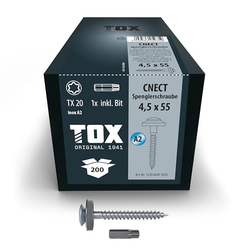 Tox Viti Da Lattoniere Tox Cnect 4,5 X 55 Mm, Viti Da Lattoniere Resistenti Alle Intemperie Con Rondella Di Tenuta In Acciaio Inox A2, 200 Pezzi In Un