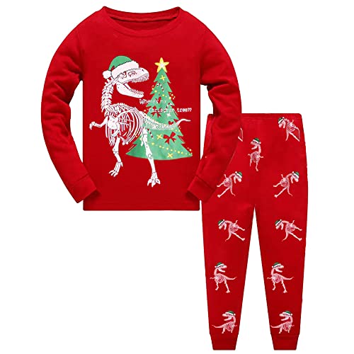 LXKA Conjunto de pijama de Navidad para niños, pijamas de Navidad para niñas, alce, reno, Papá Noel, ropa de dinosaurio para niños, pijamas de invierno para niños, Dinosaurio, 3-4 Years Cover