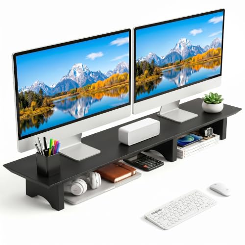 Image of Aothia 43 in Black Solid Wood Dual Monitor Stand, Monitor Riser for Desk | Dual Monitor Riser With Storage Below; Desk Shelf Organizer For Keyboards And Accessories