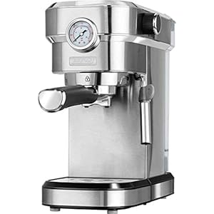 MPM MKW-08M Espressomachine, 20 bar, voor espresso en cappuccino, melkopschuimer, kopjeswarmer, roestvrijstalen afwerking, 1,2 l watertank, afneembaar, 1350 W