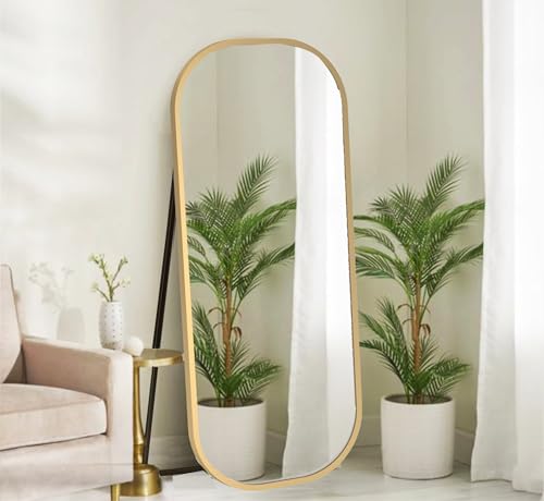 Image of Gharaana Oval Capsule Metal Floor Mirror For Living Room, Full-Length Mirror For Bedroom | Standing Mirror | Glam Gold (58x23x12)