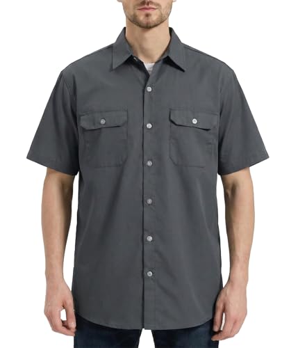 JURFEYANG Mens Work Shirt Short Sleeve Durable Button Down Utility Shirts with Two Chest Pockets Wrinkle-Resistant Grey L