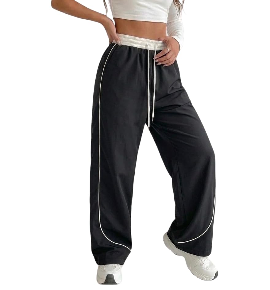 Women's Wide Leg Track Pants, Black, Polyester, High Rise with Elastic Waistband, Contrast Piping, Casual Athleisure Streetwear-picture-56