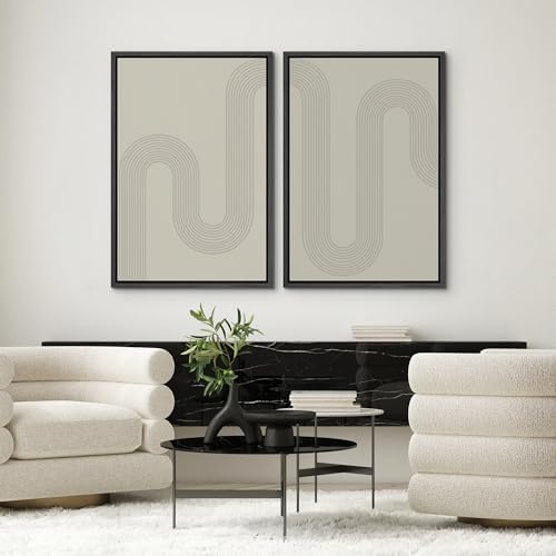 SIGNWIN Framed Canvas Print Wall Art Set Geometric Tan Pastel Color Field Landscape Abstract Shapes Cozy Neutral Modern Art Minimalism Decorative for Living Room, Bedroom, Office - 24"x36"x2 Black - 1