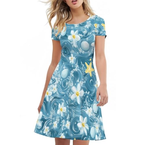 Image of Forchrinse Hawaiian Hibiscus Dresses for Women Plus Size Crew Neck Swing Dress Summer Short Sleeve Midi Dresses Elegant Beach Sunndress Size S-4XL