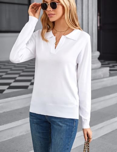 Kate Kasin Womens Long Sleeve Sweaters V Neck Knitwear Lapel Collared Ribbed Loose Pullover Sweater Tops White XL — view 5