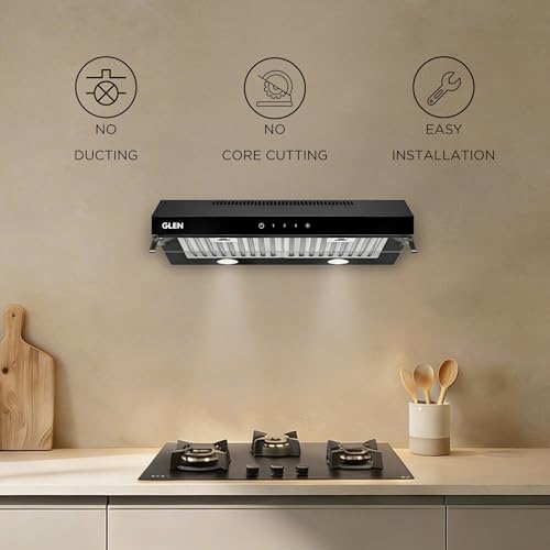 Image of Glen 60cm Duct Free Wall Mounted Kitchen Chimney | 1000 m /hr Suction | Baffle Filter + Activated Carbon Filter | 1 Year Comprehensice warranty | Auto Clean | Black | CH6003DFTSBFBL60