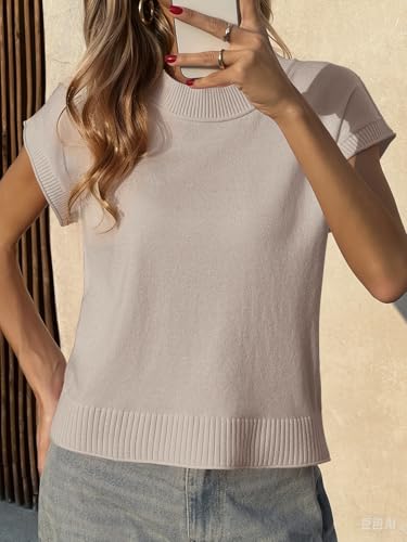 Image of Saodimallsu Womens Cap Sleeve Sweater Vest Crew Neck Casual Lightweight Knit Summer Short Sweaters Pullover Tank Tops Khaki