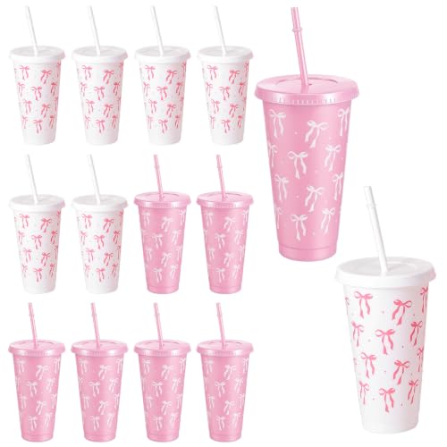 Kifmurase 12PCS 24Oz Pink Bow Plastic Cups Bulk Party Tumbler with Lid Straw, Reusable Coquette Bow Tie Cold Cups, Aesthetic Water Bottle Gift for Wedding Bridal Engagement Baby Shower Party Favors
