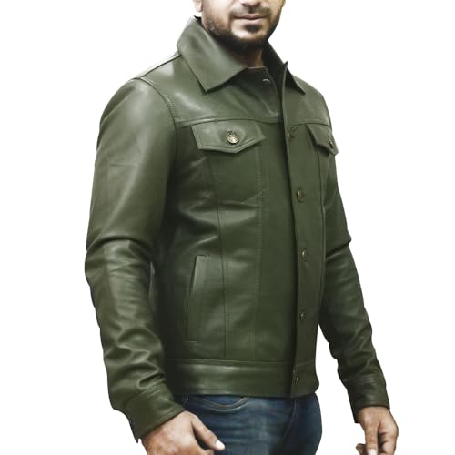 Image of Men's Genuine Leather Trucker Jacket Vintage Motorcycle Black Western Biker Slim Fit Trucker Jacket