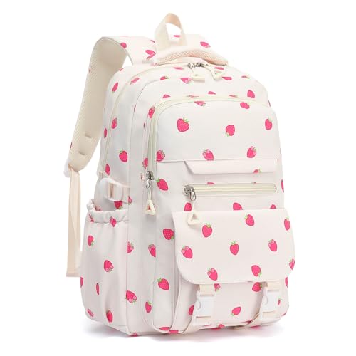 Image of High Middle School Backpack for Girls Travel Kawaii Laptop Kids Bookbag, Strawberry Beige