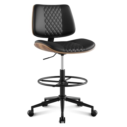 Image of Drafting Chair with Adjustable Footrest, Armless Modern Tall Office Chair for Standing Desk, PU Leather Swivel Stool in Curved Bentwood Style, Ergonomic Rolling Walnut Chair for Office(Black)