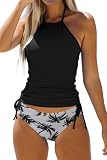 Beachsissi Women's Bathing Suit Solid Color Drawstring Side Halter Neck Tankini Set, Coconut Tree, S