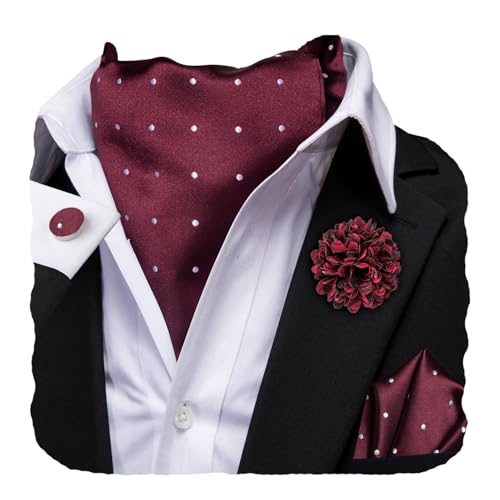 Image of Hi-Tie Silk Ascot for Men Self Tie Men's Cravat and Flower Lapel Pin Handkerchief Cufflinks Set for Wedding Party