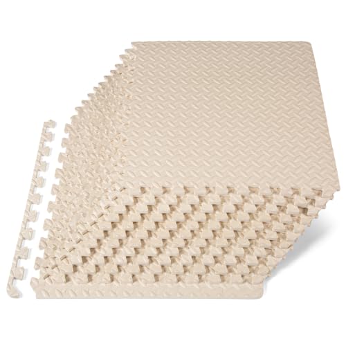 Image of ProsourceFit Exercise Puzzle Mat 1 /2-inch, EVA Interlocking Foam Floor Tiles for Home Gym, Workout Equipment, Kids Play Areas, Beige, 48 SQ FT - 12 Tiles