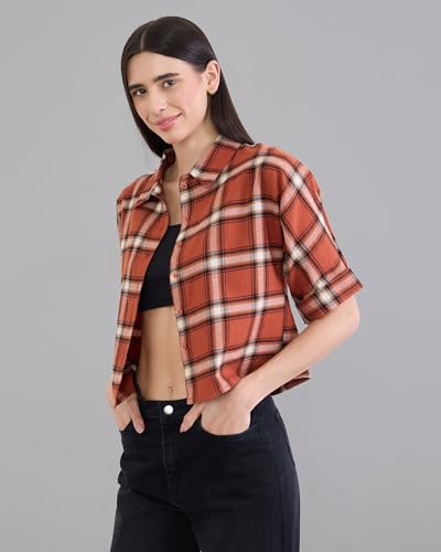 Image of Chimpaaanzee Women Checks Half Sleeve Crop Shirt