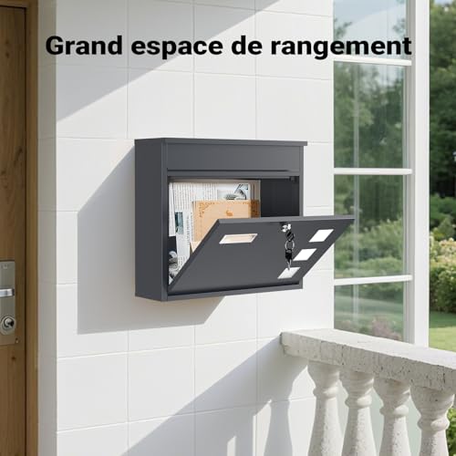 Wiltec Boîte aux Lettres Murale V12, Verrouillable, Couleur Anthracite, Acier galvanisé, 360 x 115 x 320 mm, avec Clapet, Fenêtres et Porte-nom – vue 7