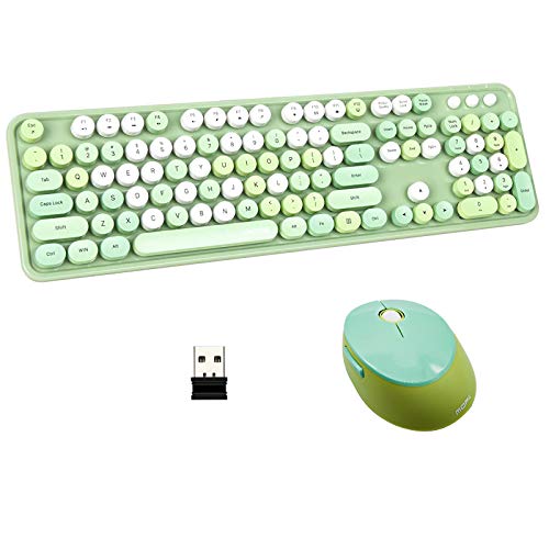 Color Keyboard, Round Keyboard, Colorful Computer Wireless Keyboard, Mouse Combo, Cute Keyboard, Typewriter Flexible Keys, Multimedia Keys Wrist Rest (Green-Colorful)