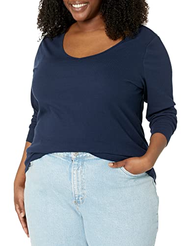 Image of Amazon Essentials Women's Slim-Fit Long Sleeve V-Neck Knit Rib Shirts, Pack of 2