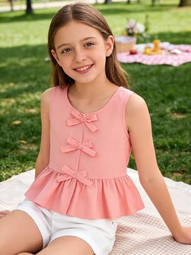 Image of Girls Bowknot Tank Tops Sleeveless Striped Shirts Cotton Peplum Babydoll Top