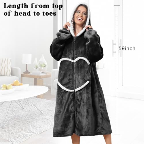 Image of Oversized Wearab Blanket Hoodie, Cozy Flannel Blanket with Sleeves and Zipper for Women, Mens, Teens