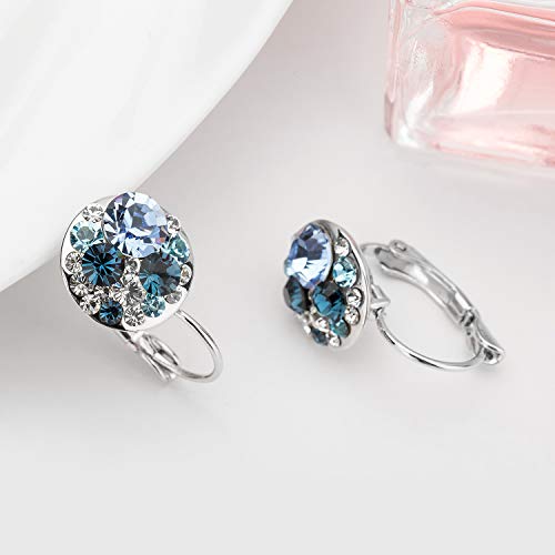 Multicolored Austrian Crystal Earrings For Women 14K Gold Plated Leverback Dangle Hoop Earrings (Blue Main Crystal/Silver-Tone) #TOP6
