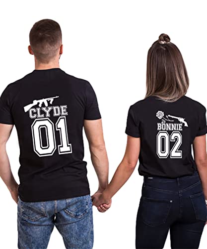 Bonnie und Clyde Partnerlook Tshirt Pärchen,Reine Baumwolle Couple-Shirt Geschenk für Verliebte(Preis FÜR 1 T-Shirt) Clyde-Black-M