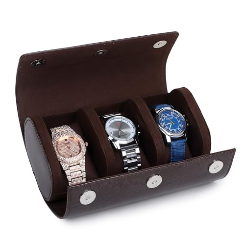 Image of THE CASE PU Leather Premium Smart Watch Case for Men & Women For 3 Slots Watch Roll Organizer (ST-WRC-1013-SN-Brown)