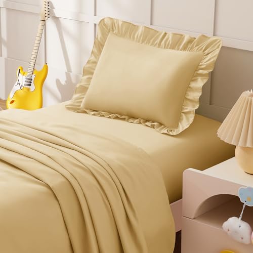 Image of KKJIAF 3 Piece Toddler Sheet Set Microfiber, Includes a Flat Sheet, a Fitted Sheet and a Ruffle Pillowcase, Gold