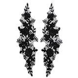 Trimscraft Sequin Crystal Beaded Appliques Pair Patches Lace Flowers Pattern Rayon Embroidered on Mesh Backing Pack of 1 Pair (Black)